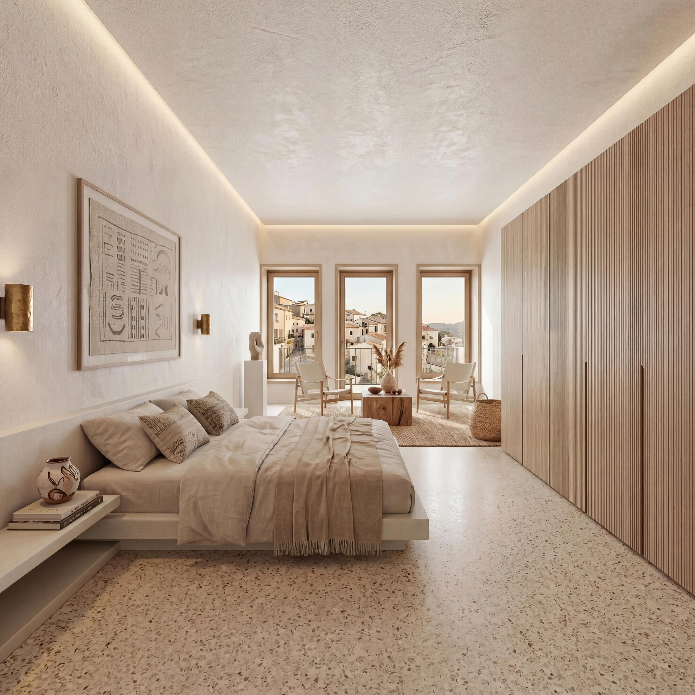 Master bedroom with platform bed and brass sconces
